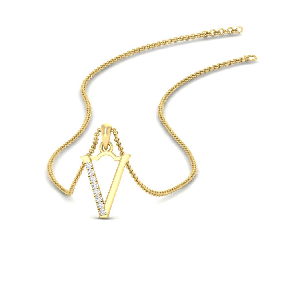 Diamond V Letter Alphabet Pendant with 14K Yellow Gold White Diamond