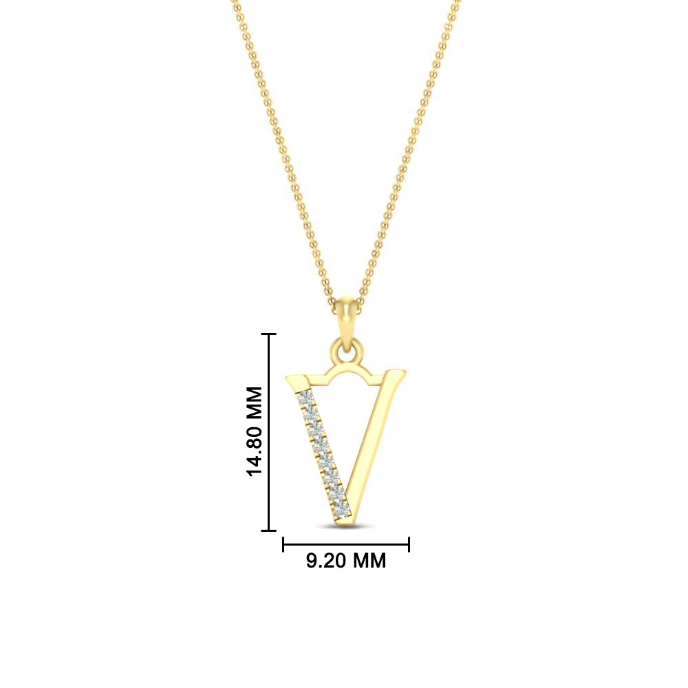 Diamond V Letter Alphabet Pendant with 14K Yellow Gold White Diamond