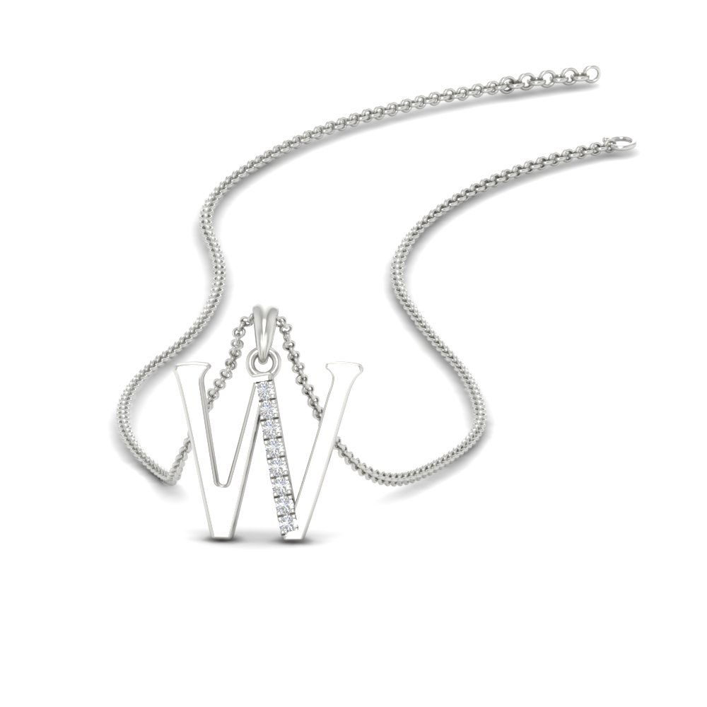 Inital Diamond W Alphabet with Chain with 14K White Gold White Diamond