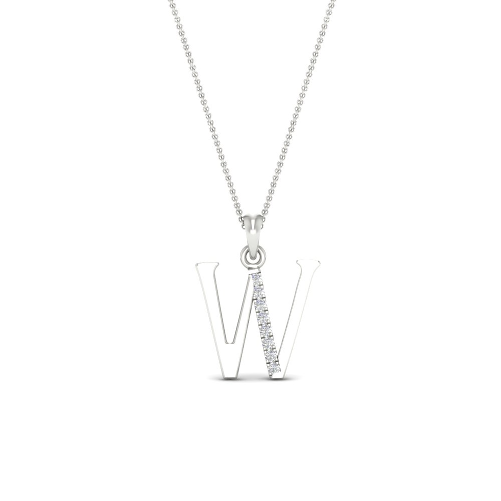 Inital Diamond W Alphabet with Chain with 14K White Gold White Diamond