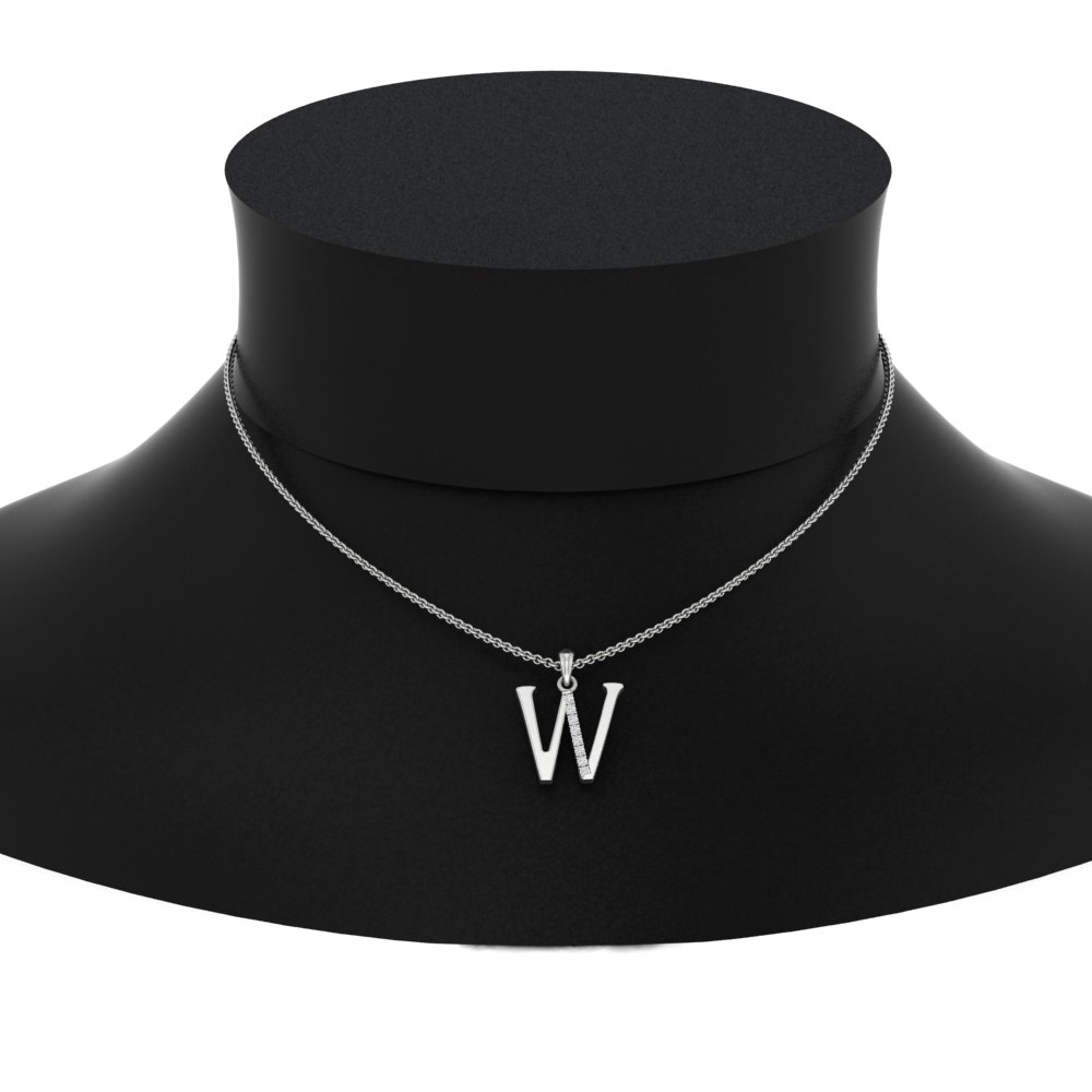 Inital Diamond W Alphabet with Chain with 14K White Gold White Diamond
