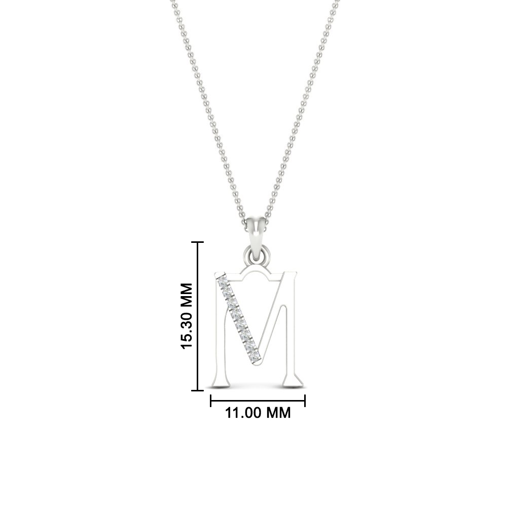 Initial Alphabet M Diamond Pendant Necklace with 14K White Gold White Diamond