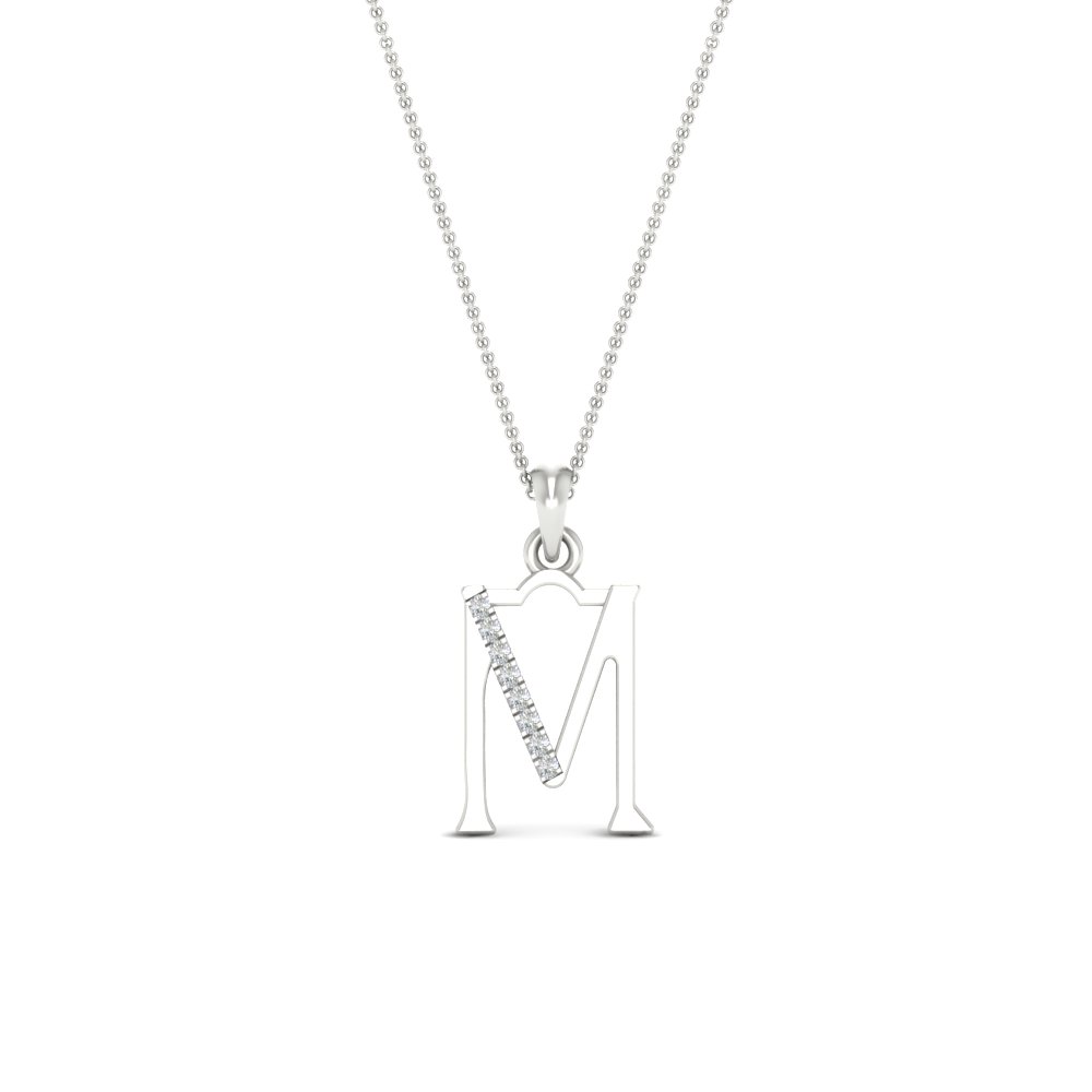 Initial Alphabet M Diamond Pendant Necklace with 14K White Gold White Diamond