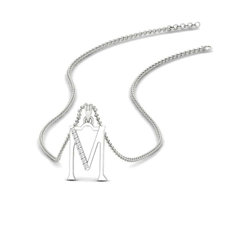 Initial Alphabet M Diamond Pendant Necklace with 14K White Gold White Diamond