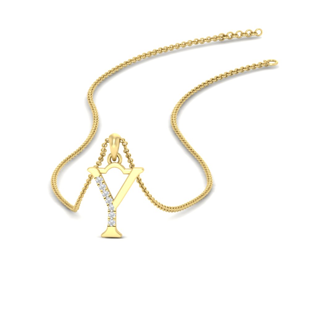 Initial Charms Alphabet Y Diamond Pendant with 14K Yellow Gold White Diamond