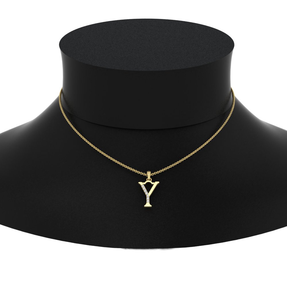 Initial Charms Alphabet Y Diamond Pendant with 14K Yellow Gold White Diamond