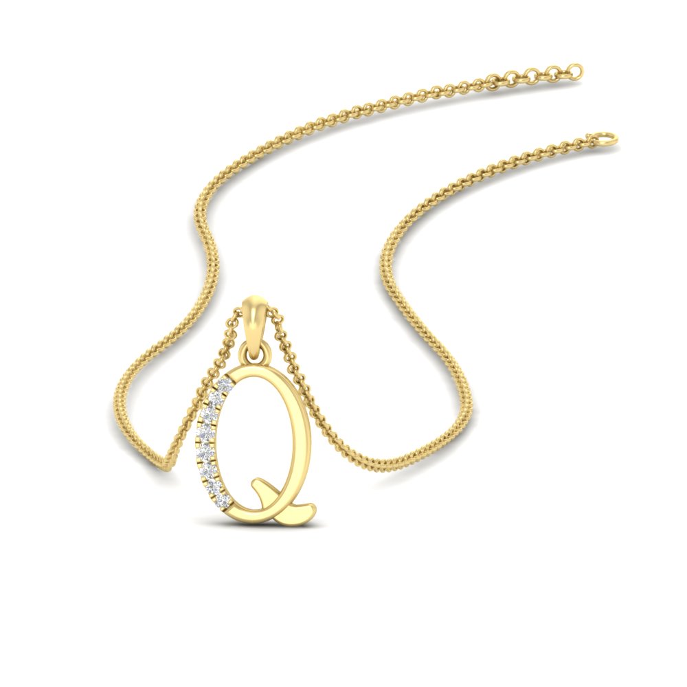 Initial Q Letter Pendant for Women with 14K Yellow Gold White Diamond