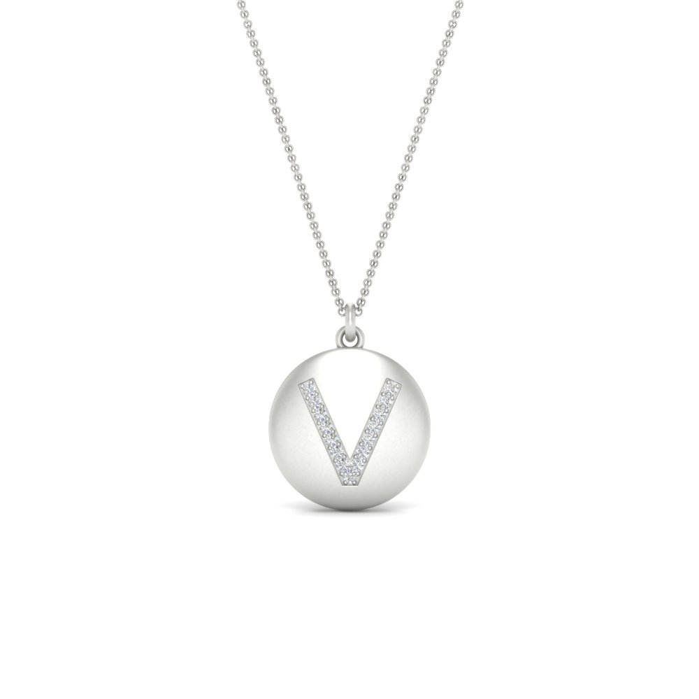Alphabet V Diamond Circular Gold Pendant with 14K White Gold White Diamond