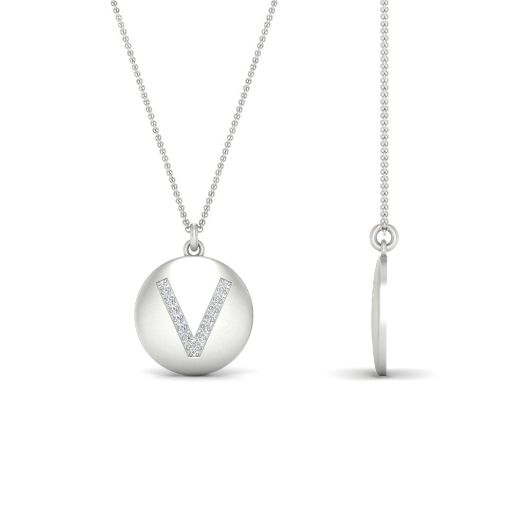 Alphabet V Diamond Circular Gold Pendant with 14K White Gold White Diamond