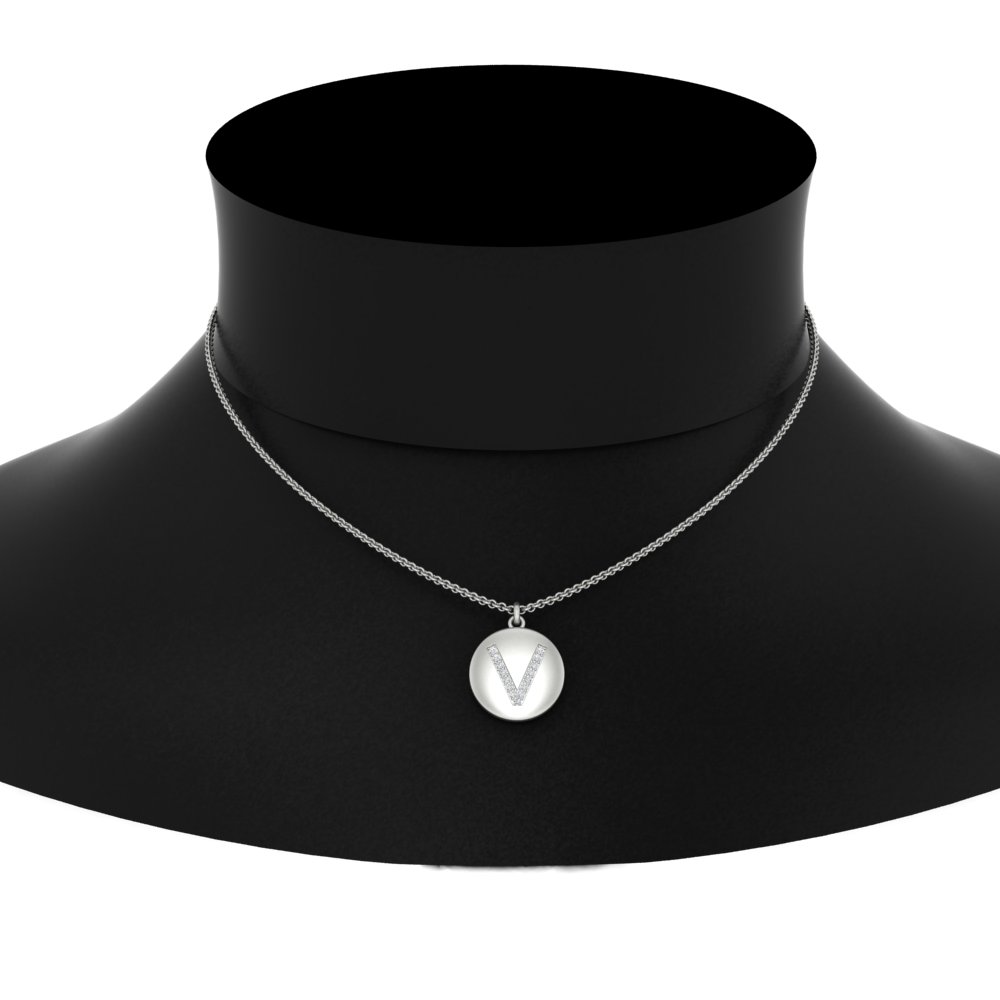 Alphabet V Diamond Circular Gold Pendant with 14K White Gold White Diamond