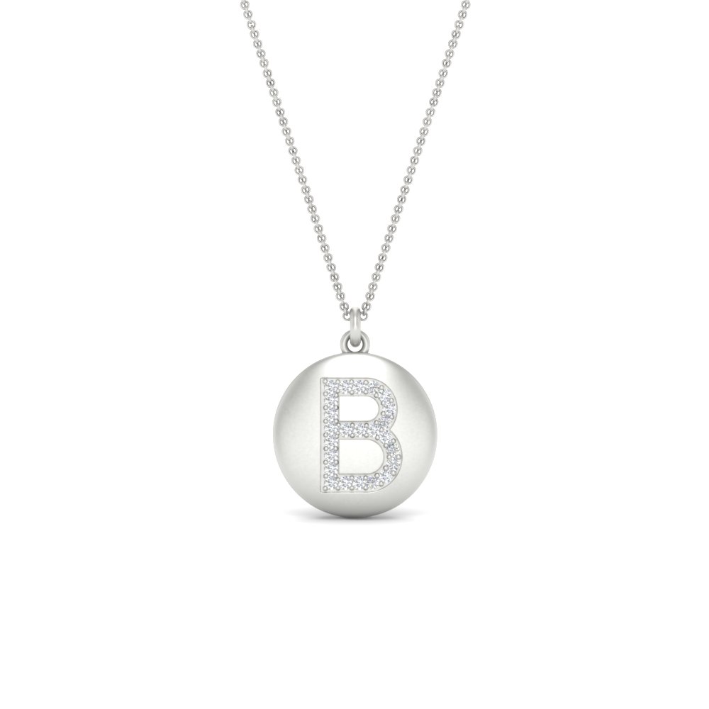 Gold Disc Initial B Necklace with 14K White Gold White Diamond