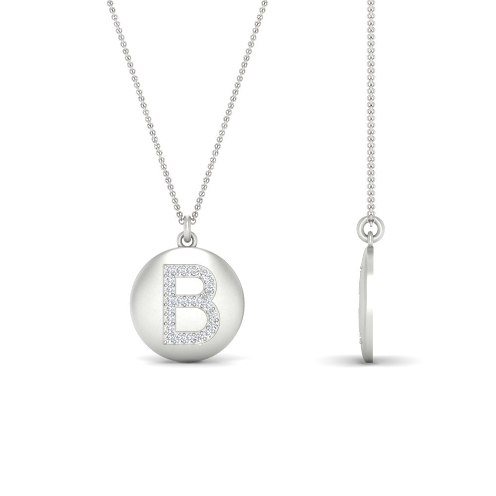 Gold Disc Initial B Necklace with 14K White Gold White Diamond