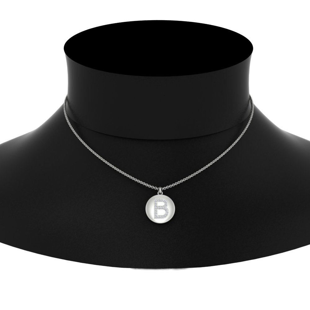 Gold Disc Initial B Necklace with 14K White Gold White Diamond