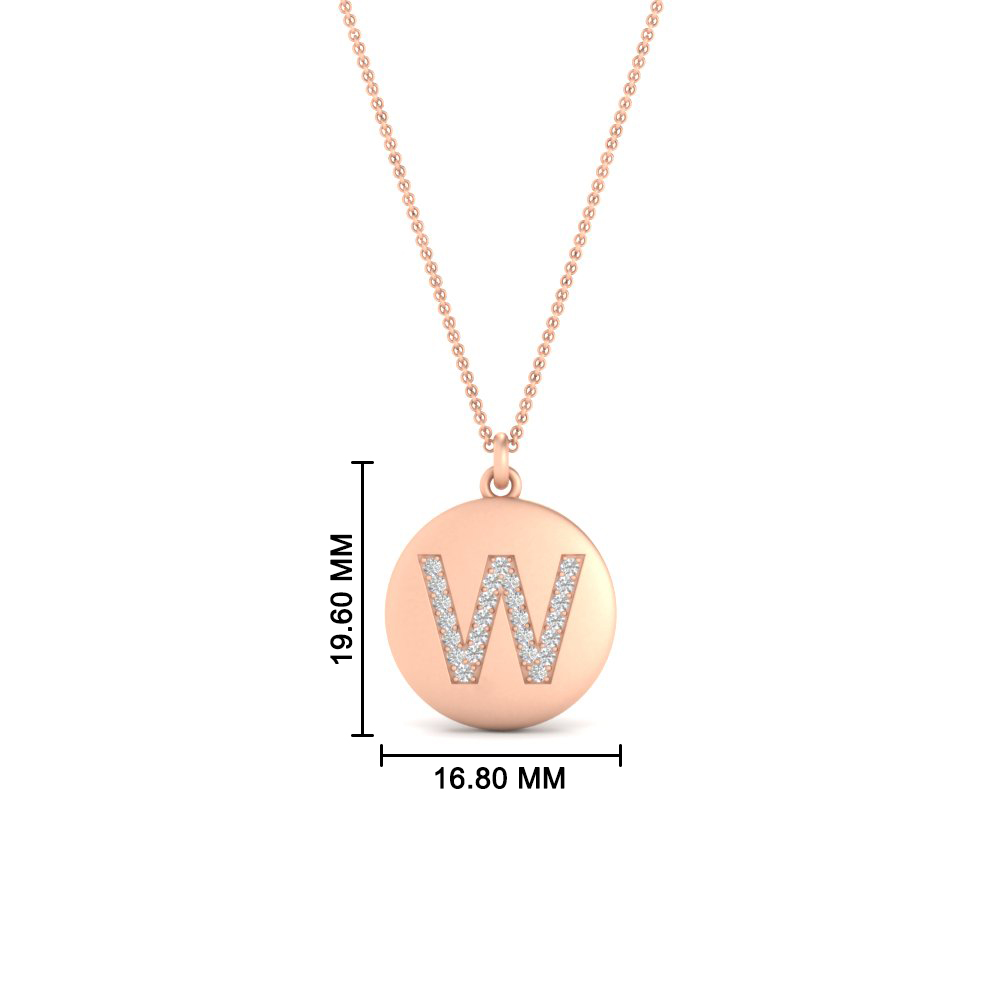 Gold Disc W Letter Pendant For Women with 14K Rose Gold White Diamond