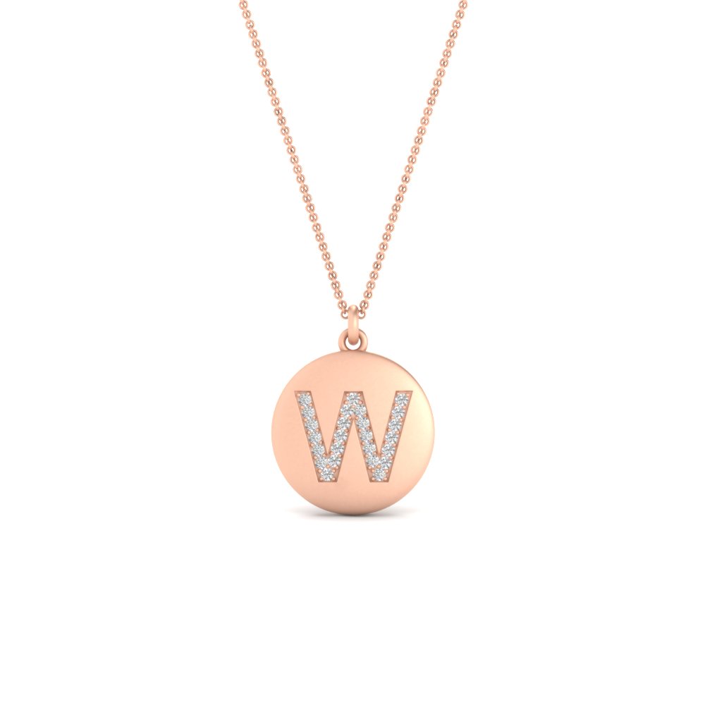 Gold Disc W Letter Pendant For Women with 14K Rose Gold White Diamond