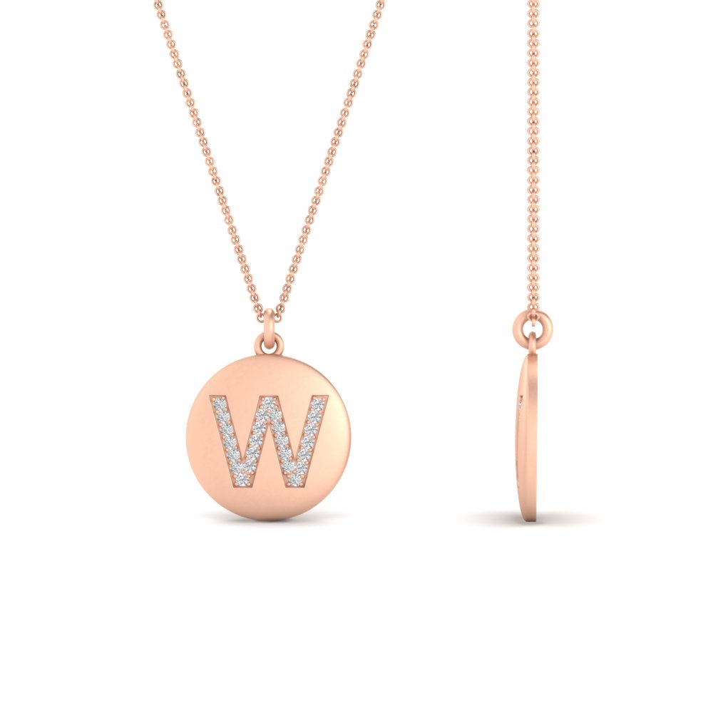 Gold Disc W Letter Pendant For Women with 14K Rose Gold White Diamond