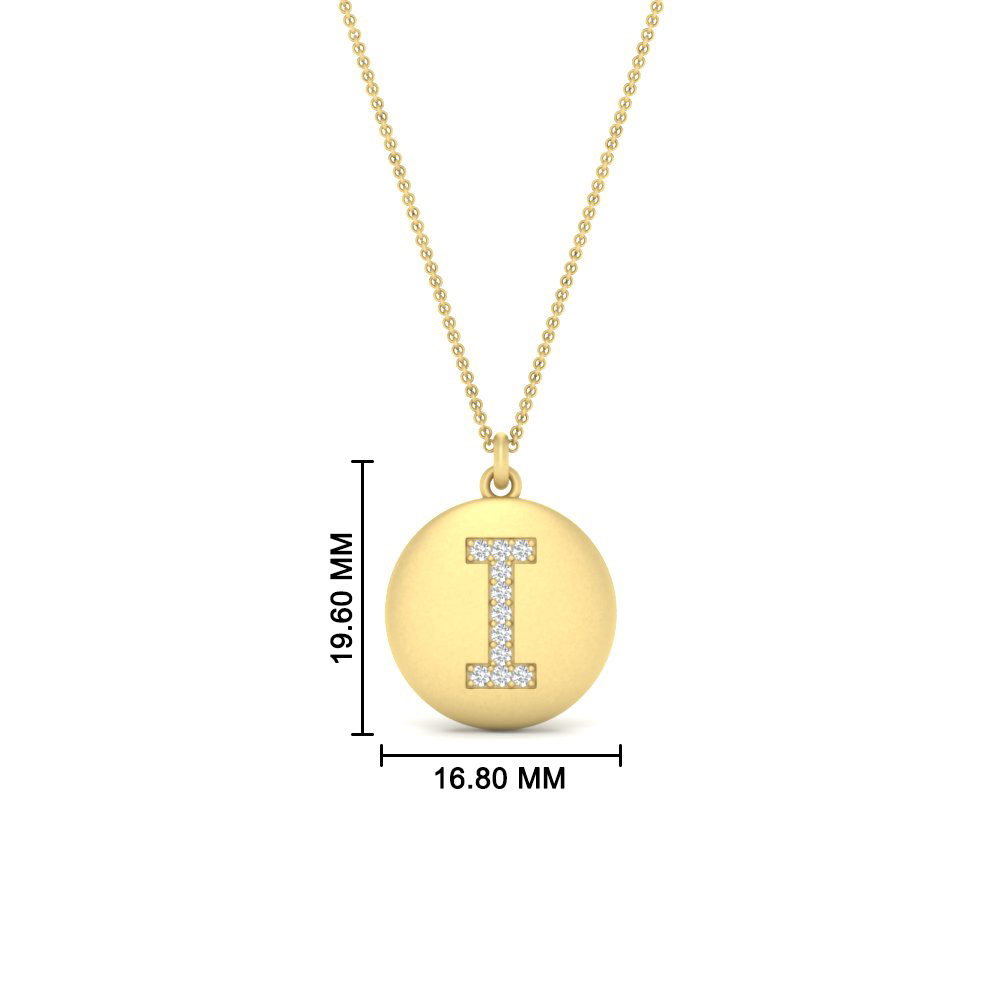 Gold Letter I Initial Diamond Disc Pendant Necklace with 14K Yellow Gold White Diamond