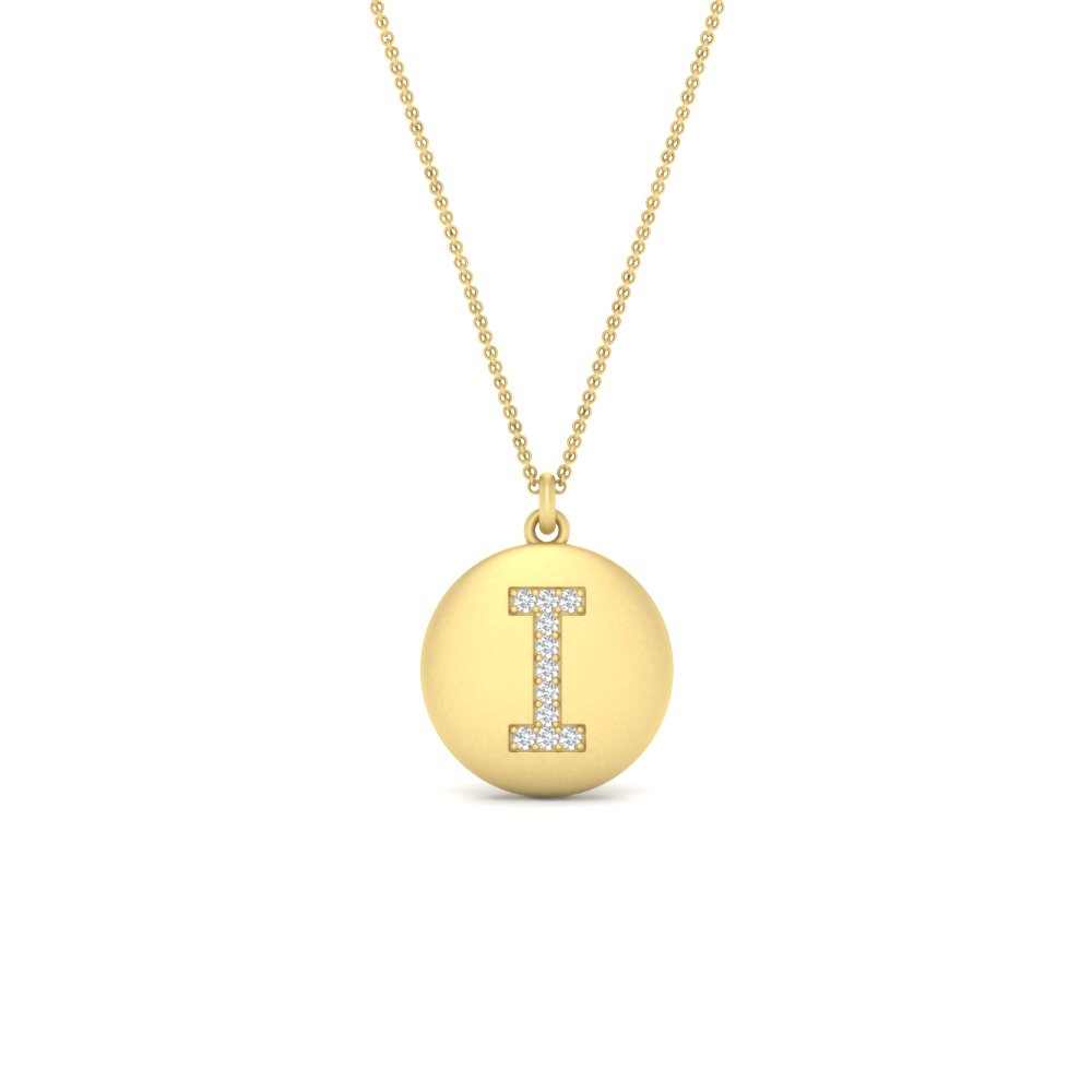 Gold Letter I Initial Diamond Disc Pendant Necklace with 14K Yellow Gold White Diamond