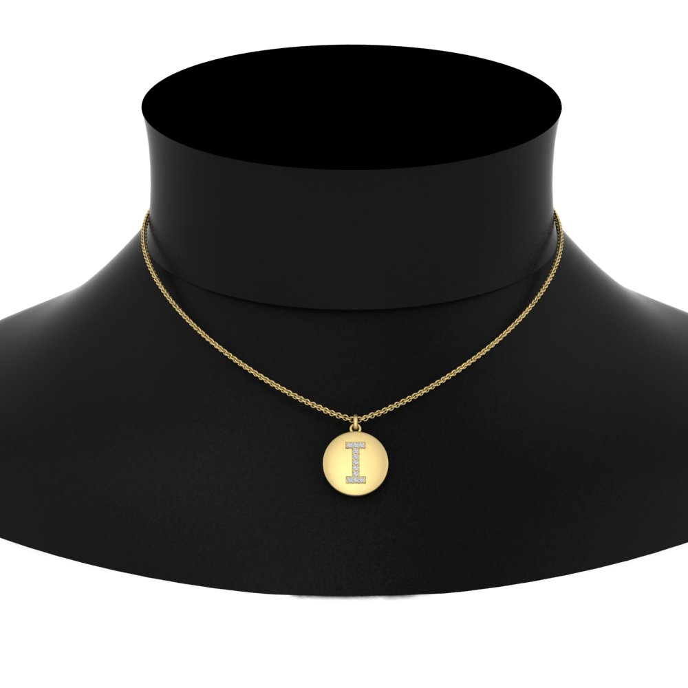 Gold Letter I Initial Diamond Disc Pendant Necklace with 14K Yellow Gold White Diamond