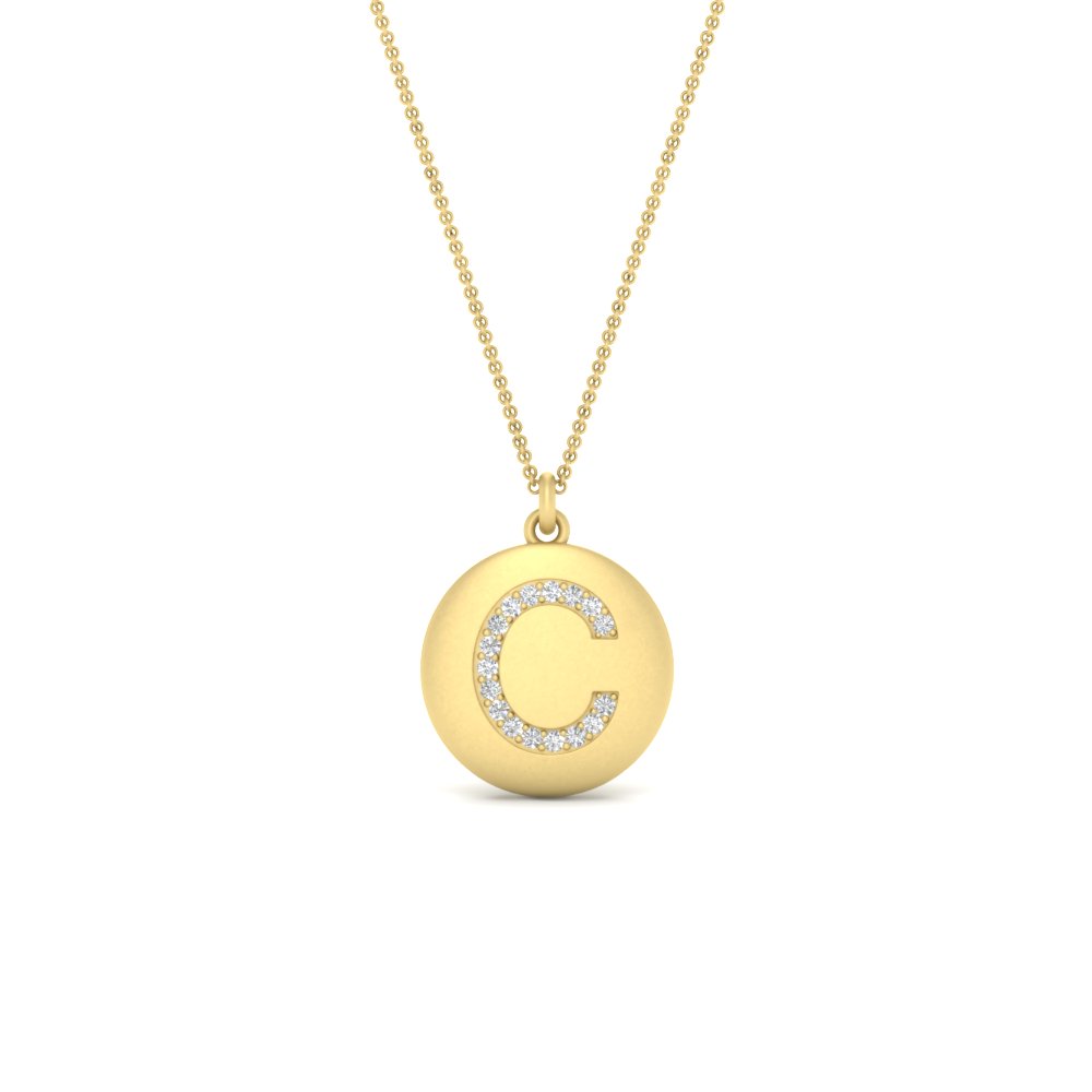 Initial C Disc with Diamond Charm Necklace with 14K Yellow Gold White Diamond