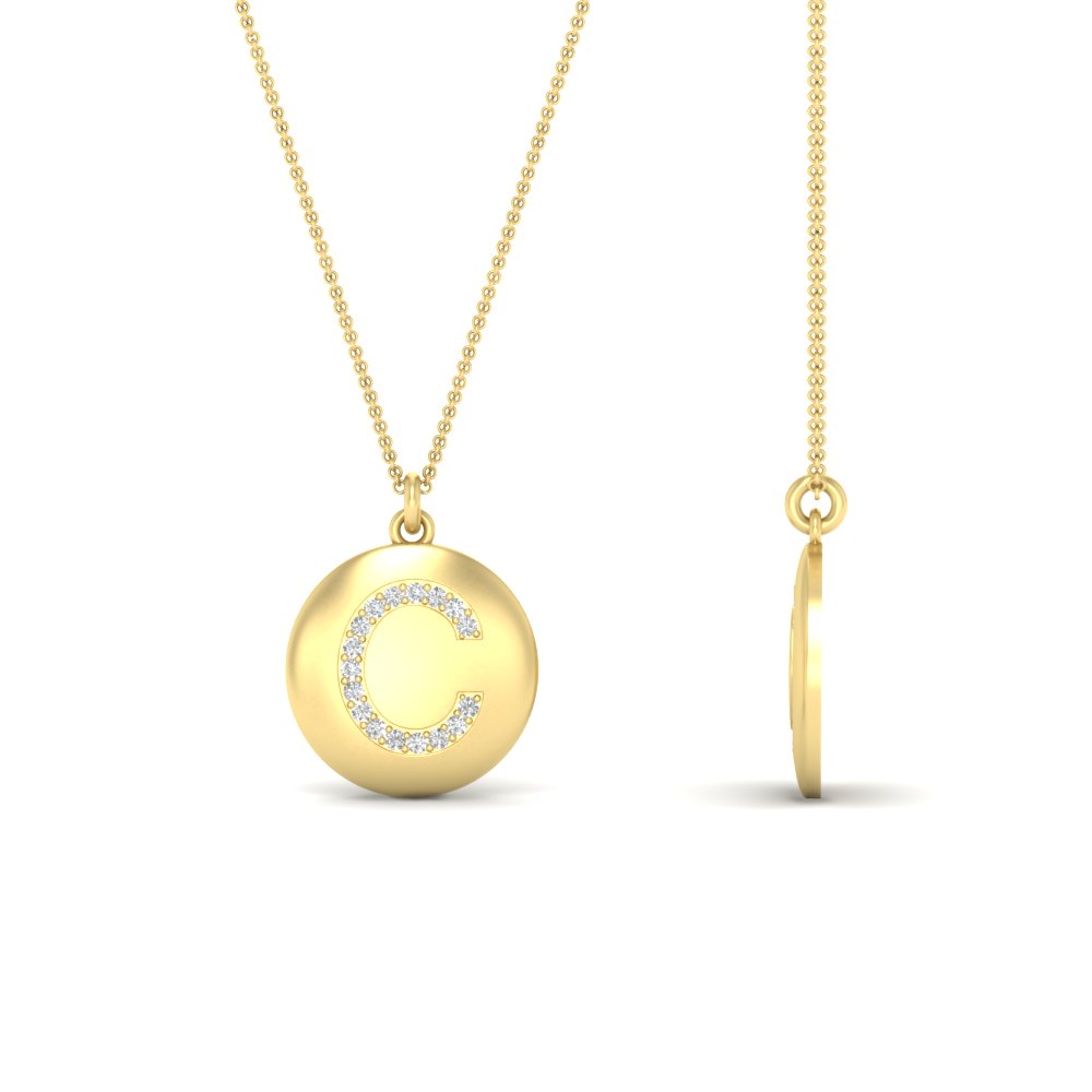 Initial C Disc with Diamond Charm Necklace with 14K Yellow Gold White Diamond