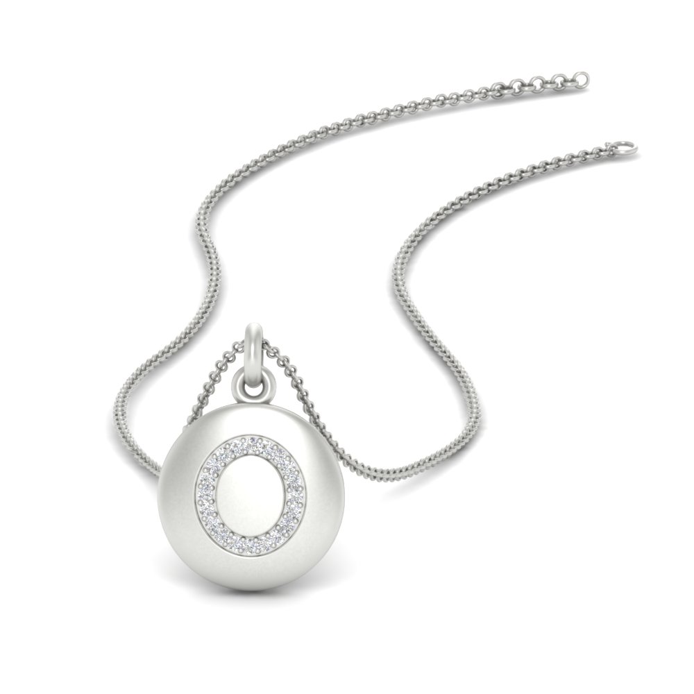 Initial O On Disc Pendant with 14K White Gold White Diamond