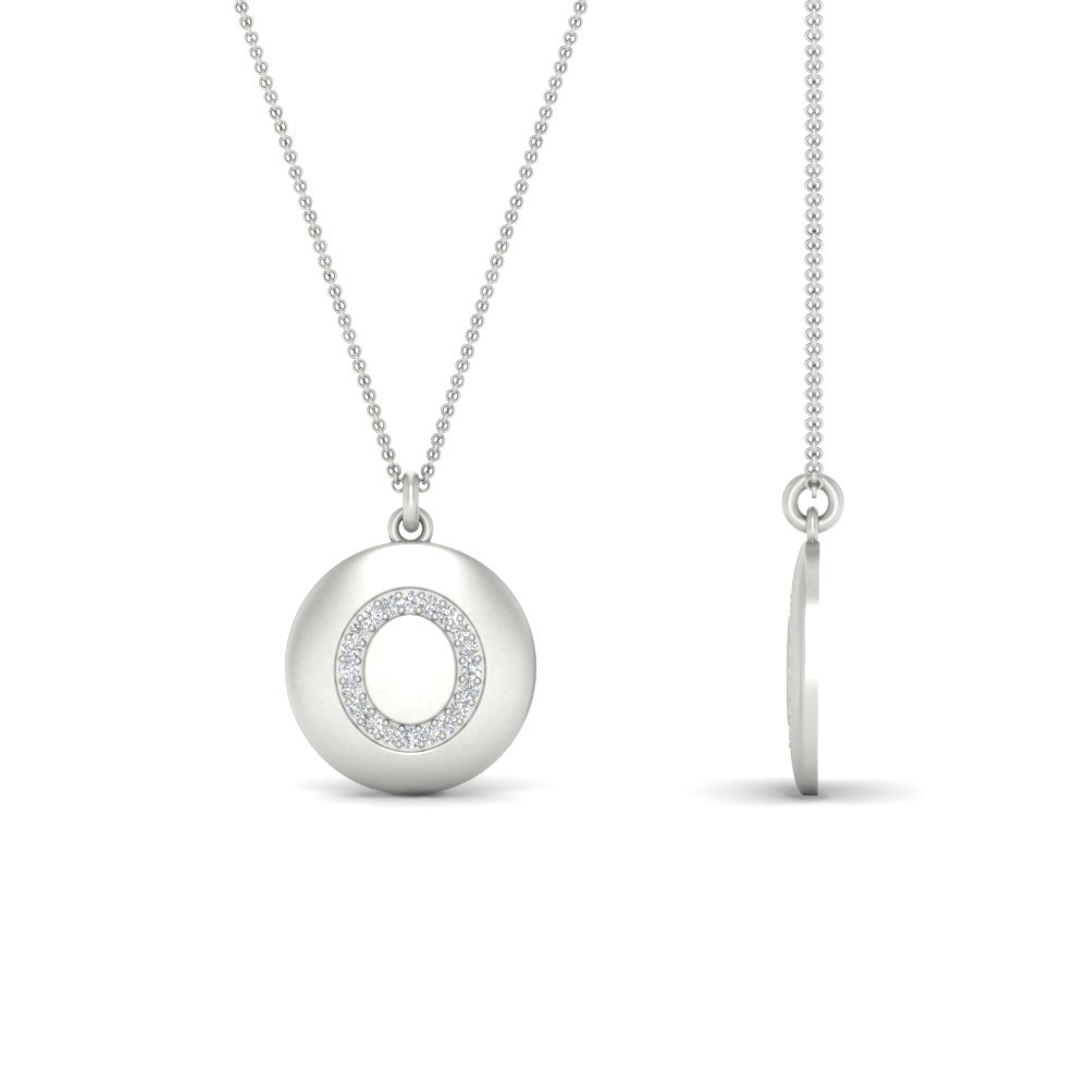 Initial O On Disc Pendant with 14K White Gold White Diamond