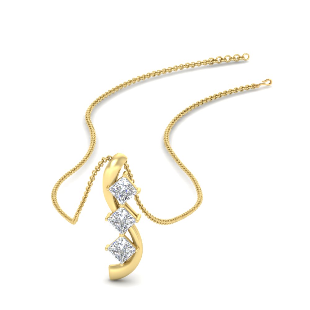 Princess Cut Journey 3 Stone Pendant with 14K Yellow Gold White Diamond
