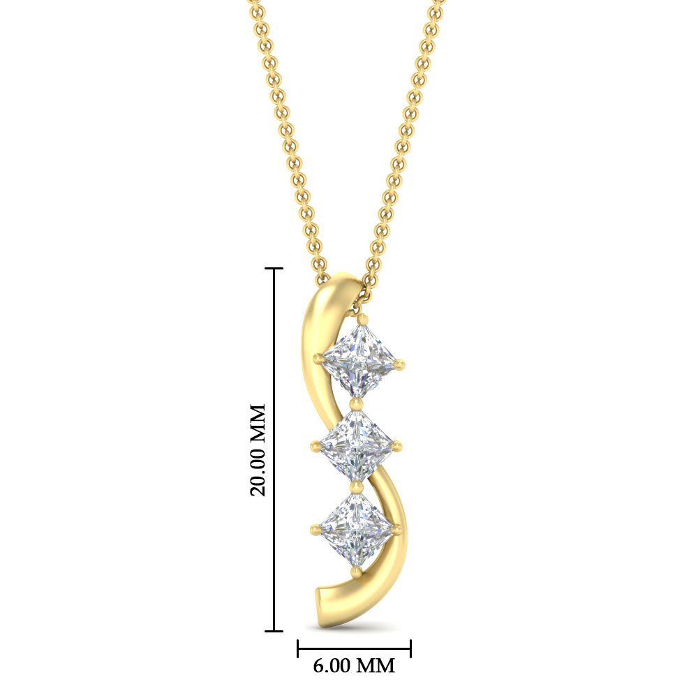 Princess Cut Journey 3 Stone Pendant with 14K Yellow Gold White Diamond