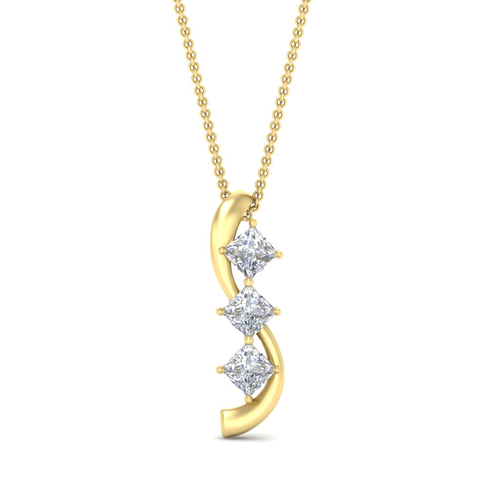 Princess Cut Journey 3 Stone Pendant with 14K Yellow Gold White Diamond