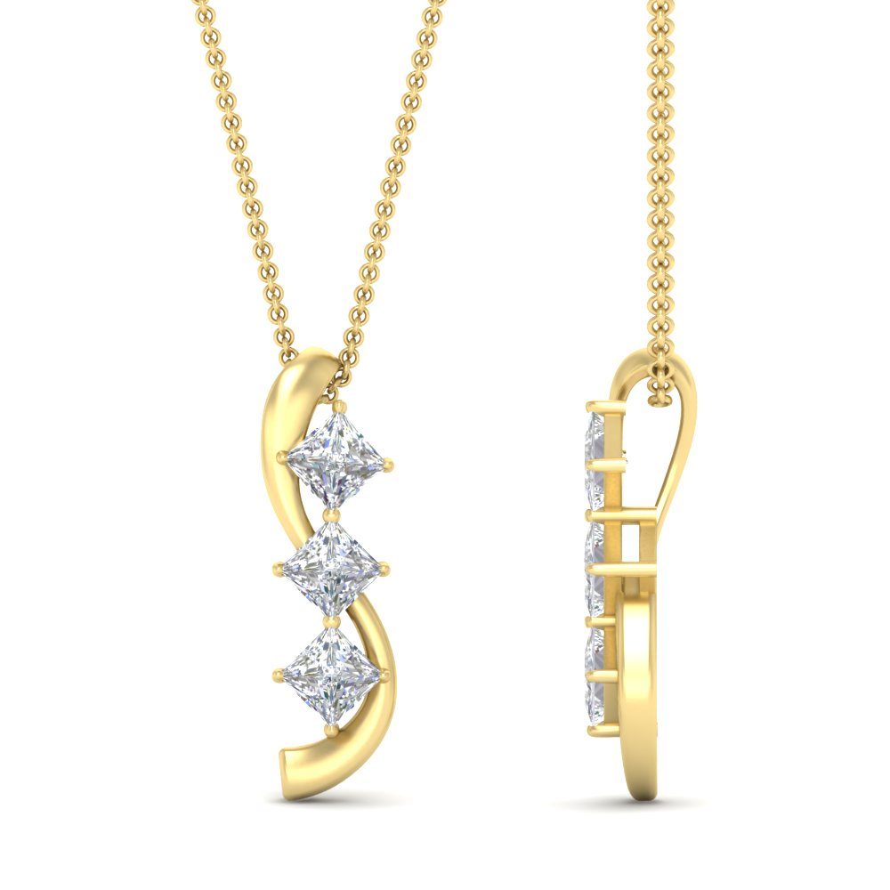 Princess Cut Journey 3 Stone Pendant with 14K Yellow Gold White Diamond