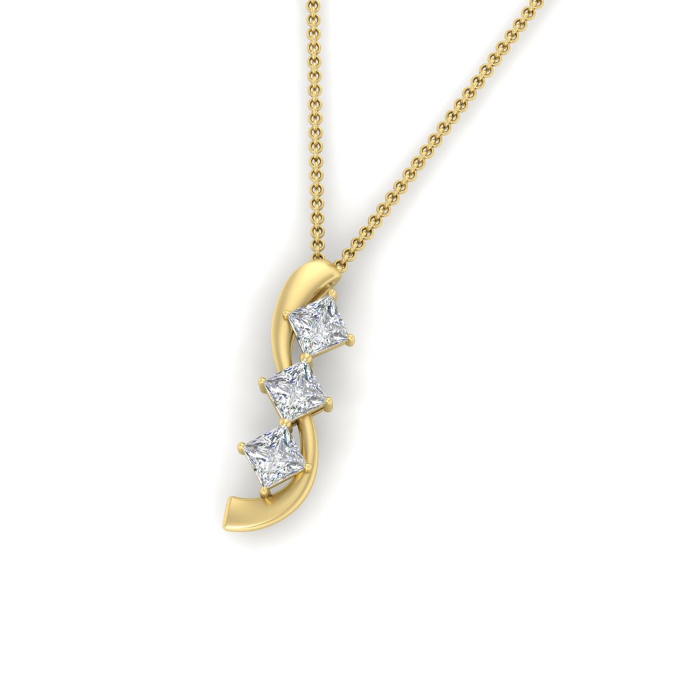 Princess Cut Journey 3 Stone Pendant with 14K Yellow Gold White Diamond