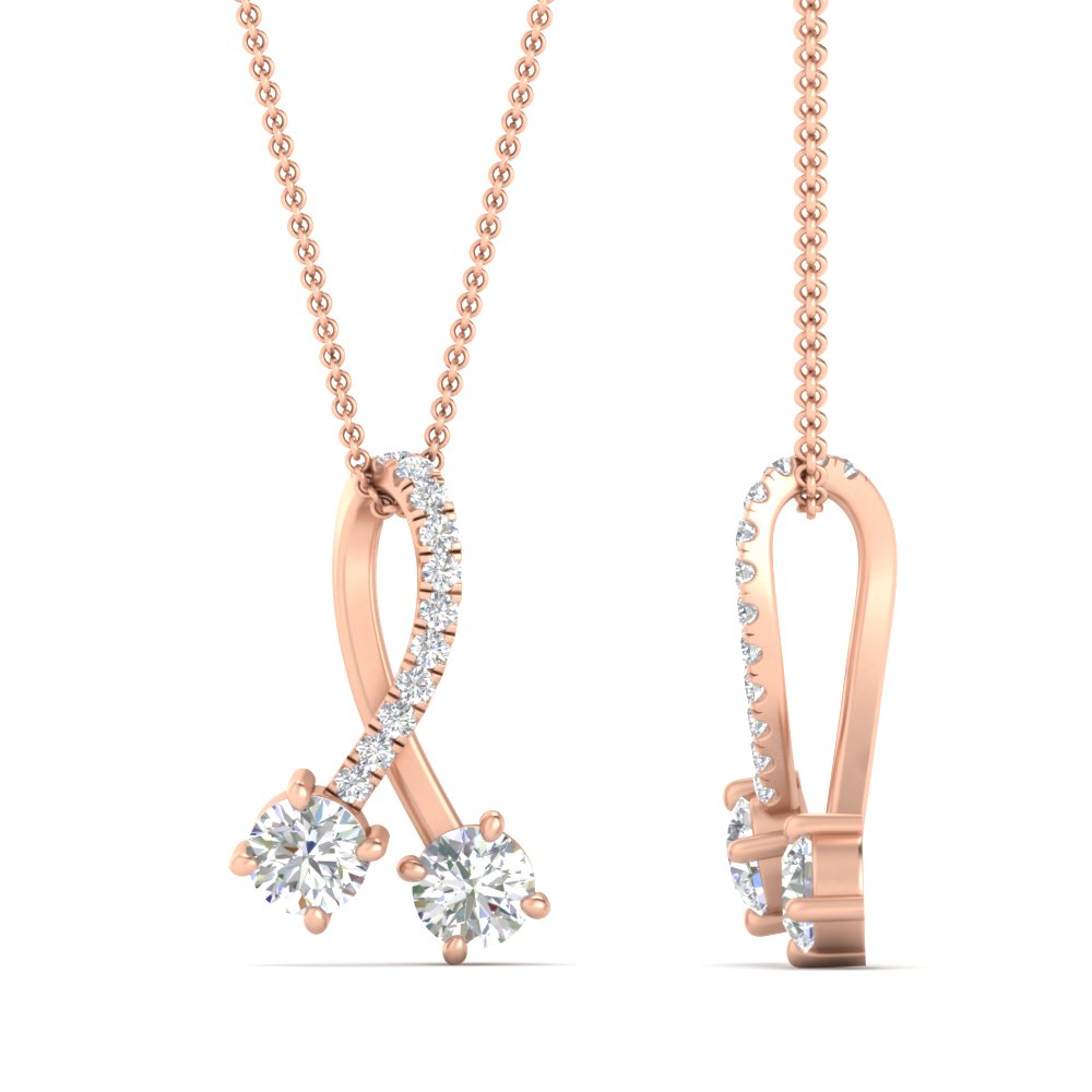 Twogether 2 Stone Ribbon Pendant with 14K Rose Gold White Diamond