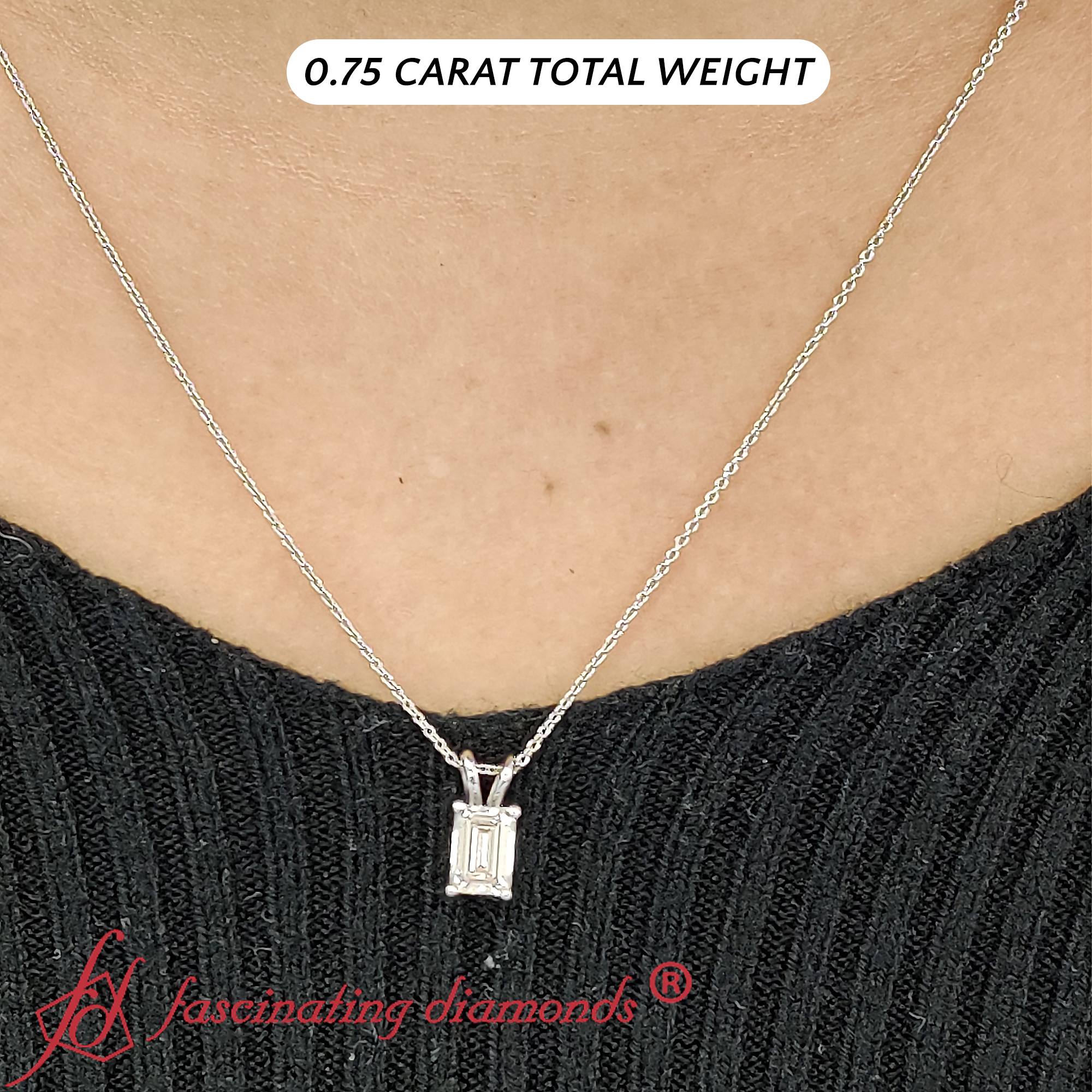 0.75 Ct. Emerald Cut Diamond Pendant with 14K White Gold White Diamond