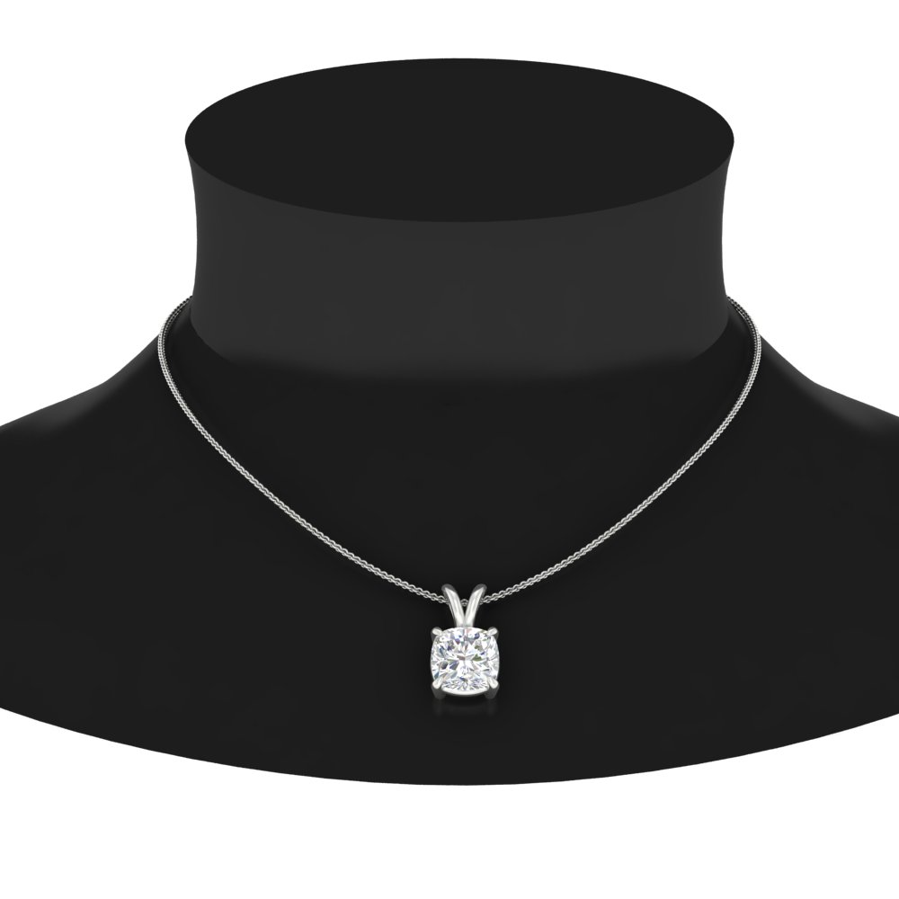 2 Carat Cushion Solitaire Diamond Studded Pendant with 14K White Gold White Diamond
