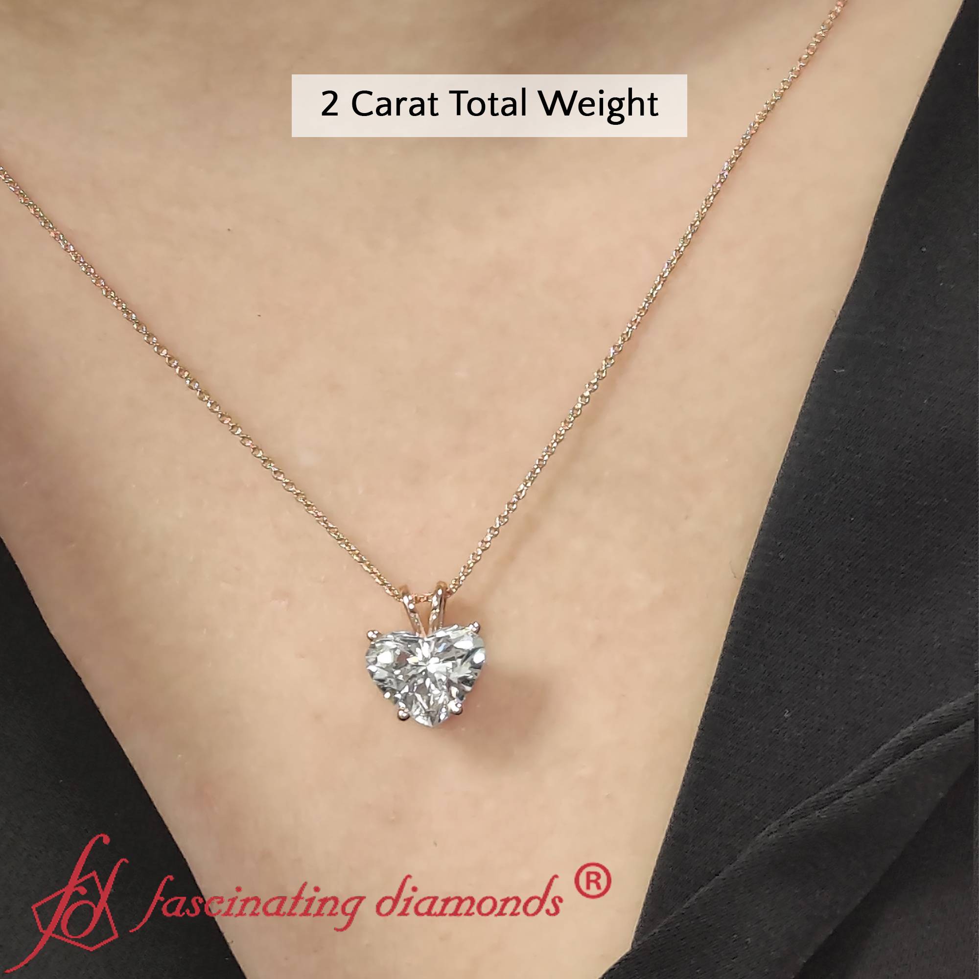 2 Carat Heart Shaped Solitaire Pendant with 14K Rose Gold White Diamond
