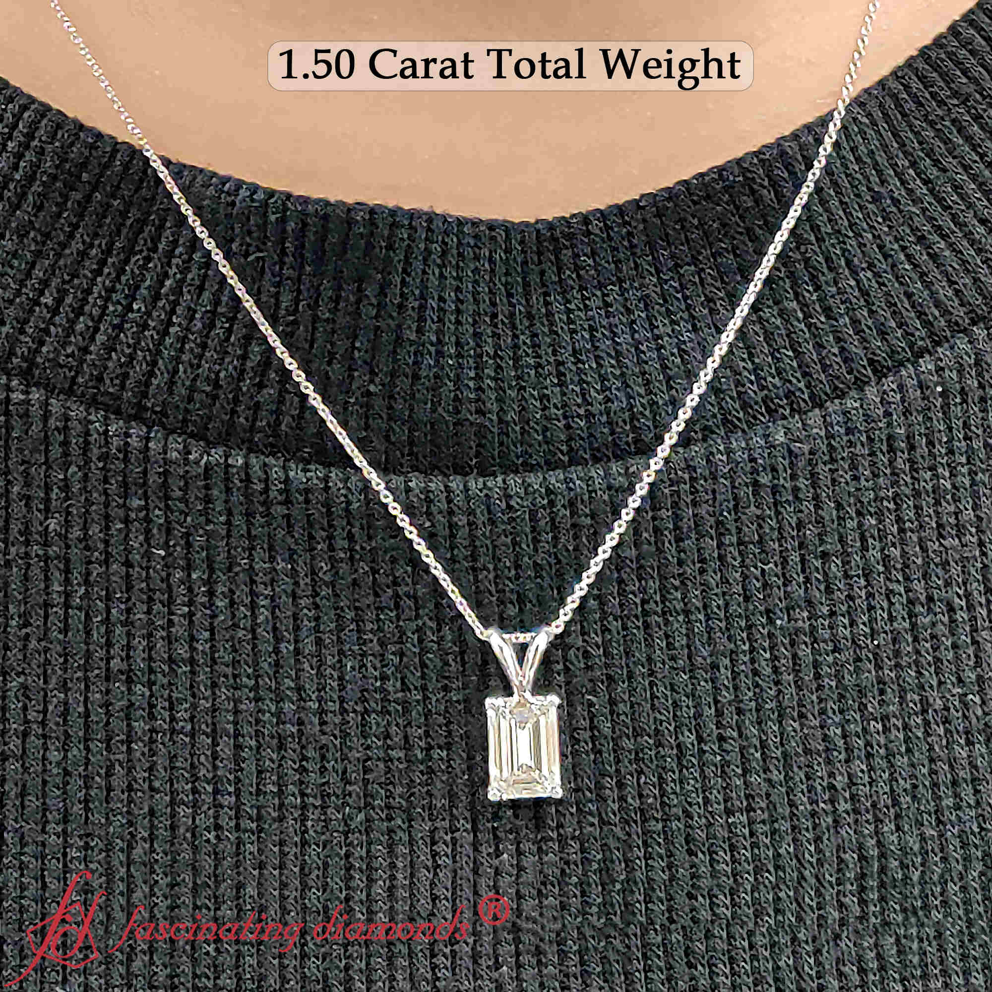 Emerald Cut Diamond Solitaire Pendant 1.50 Carat with 14K White Gold White Diamond