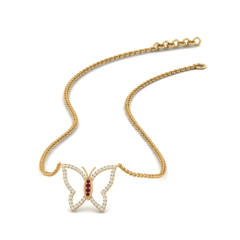 Large Pink Sapphire and Diamond Butterfly Pendant 18K Yellow / 16-17