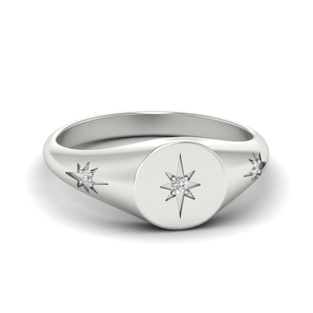 Signet Diamond Gift Ring with 14K White Gold White Diamond
