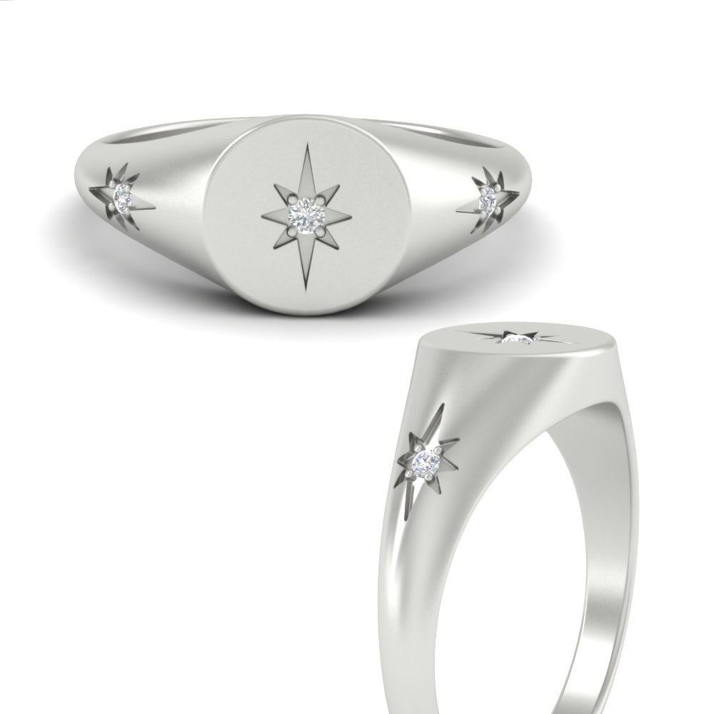 Signet Diamond Gift Ring with 14K White Gold White Diamond