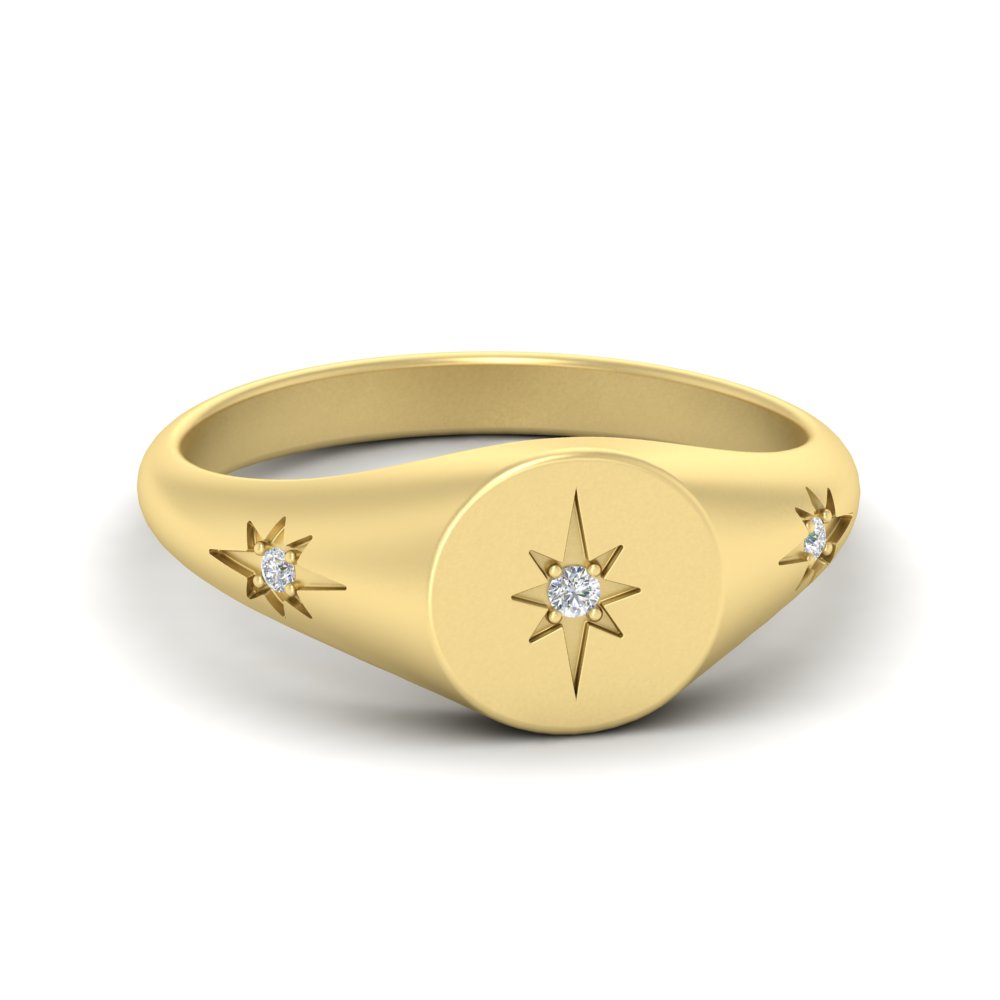 Three Stone Signet Vintage Ring with 14K Yellow Gold White Diamond