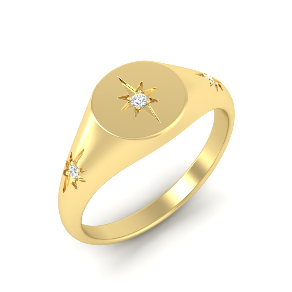 Three Stone Signet Vintage Ring with 14K Yellow Gold White Diamond