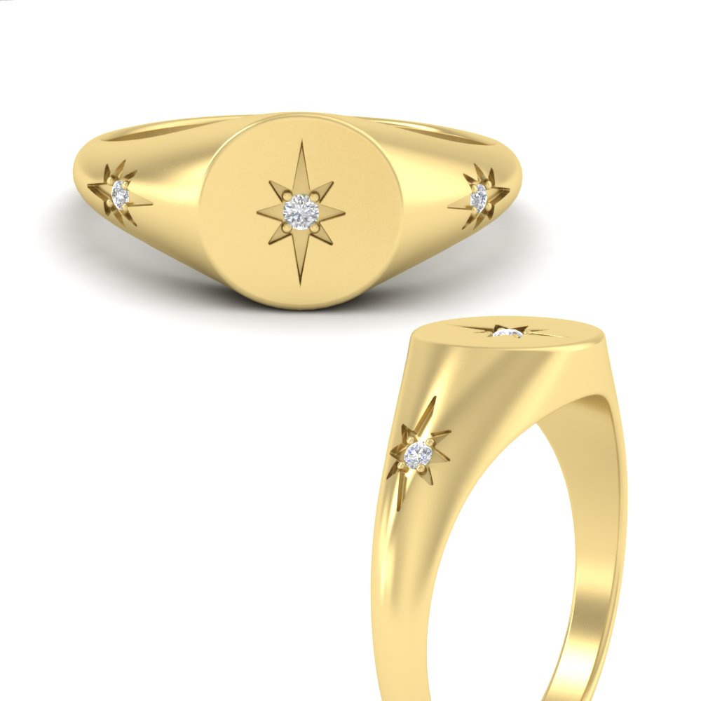Three Stone Signet Vintage Ring with 14K Yellow Gold White Diamond