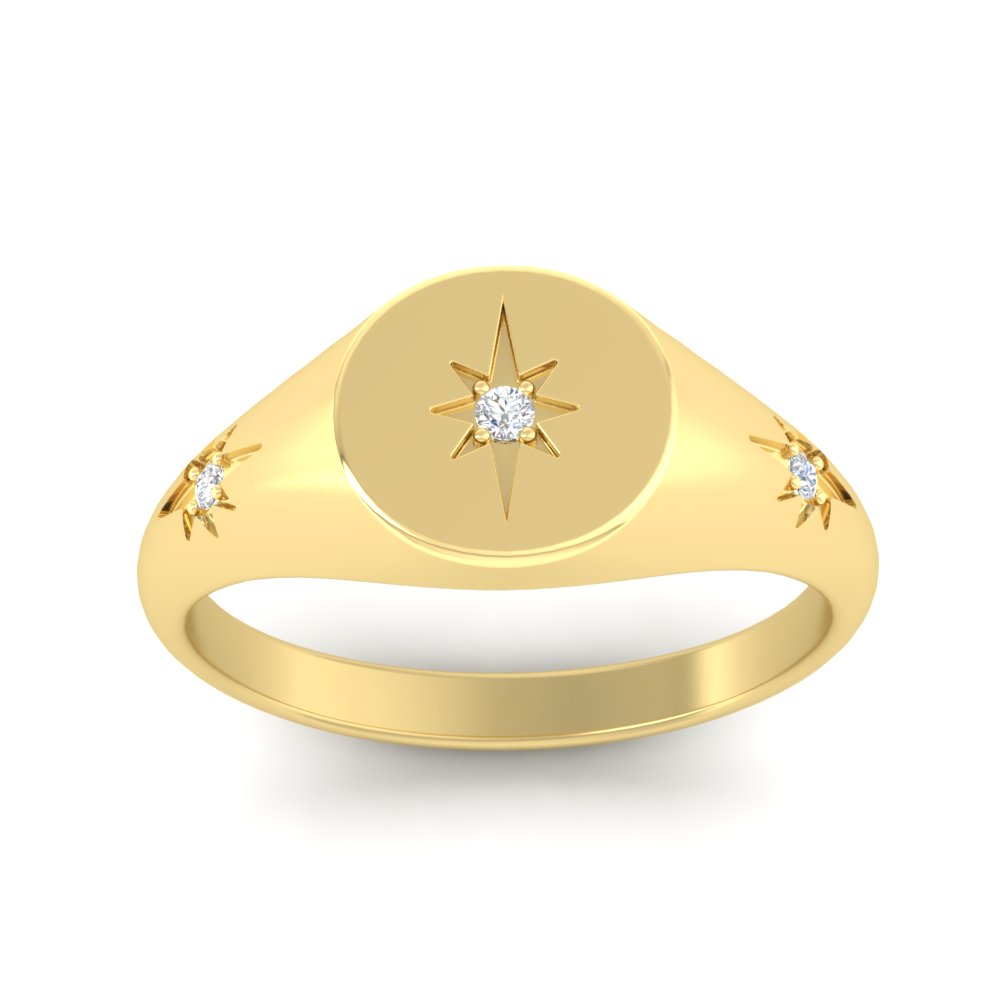 Three Stone Signet Vintage Ring with 14K Yellow Gold White Diamond