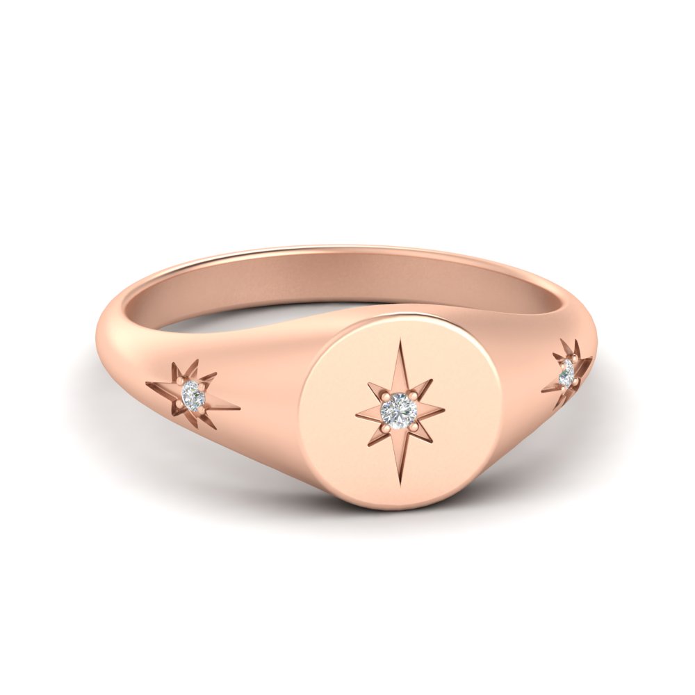 Vintage Starburst Signet Ring with White Diamond in 14K Rose Gold