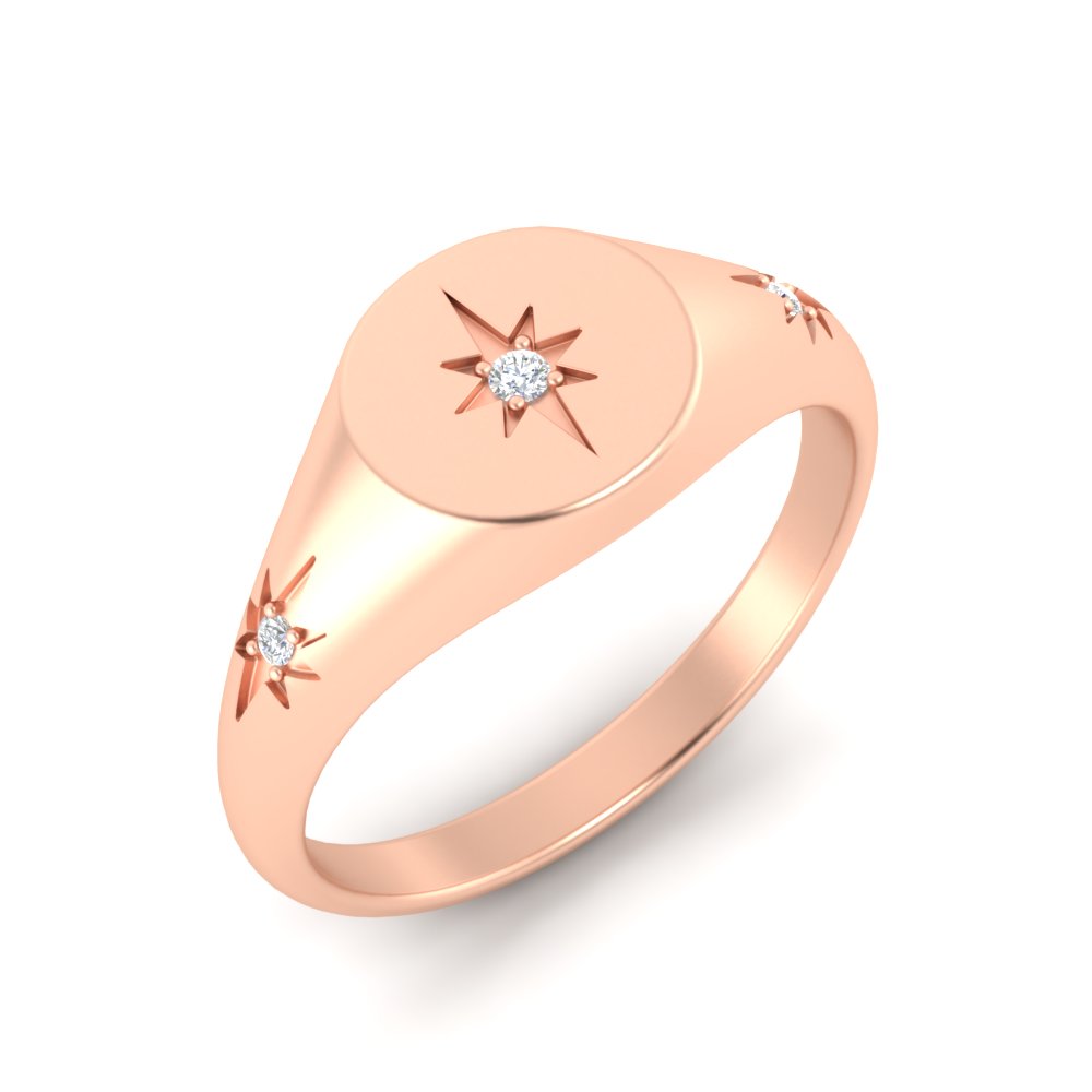 Vintage Starburst Signet Ring with White Diamond in 14K Rose Gold