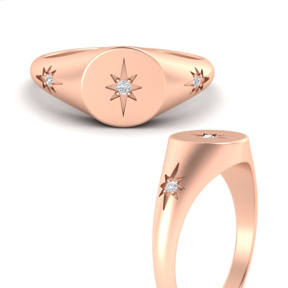 Vintage Starburst Signet Ring with White Diamond in 14K Rose Gold