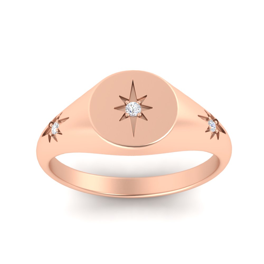 Vintage Starburst Signet Ring with White Diamond in 14K Rose Gold