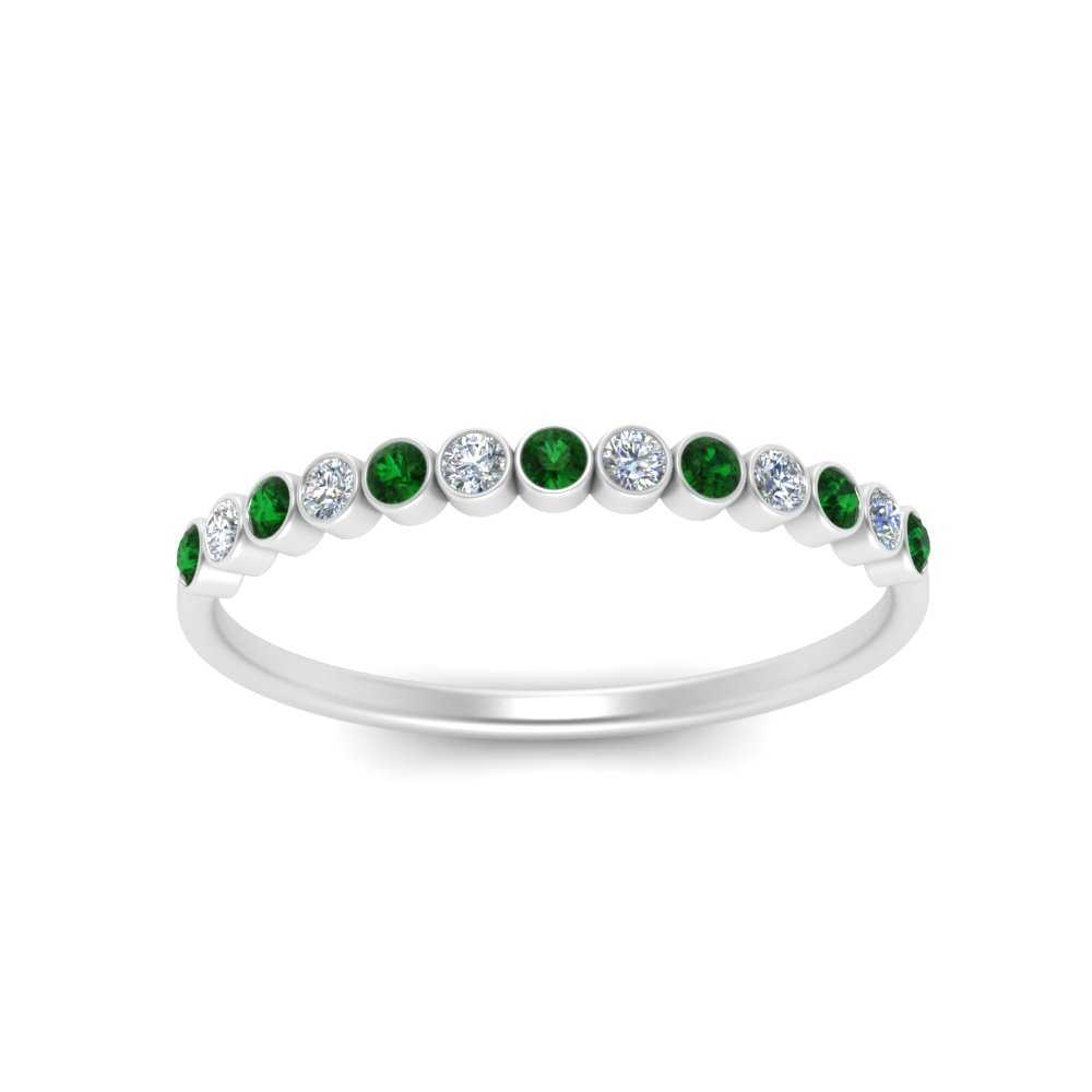 Diamond Bezel Set Thin Stack Band With Emerald In 14K White Gold ...