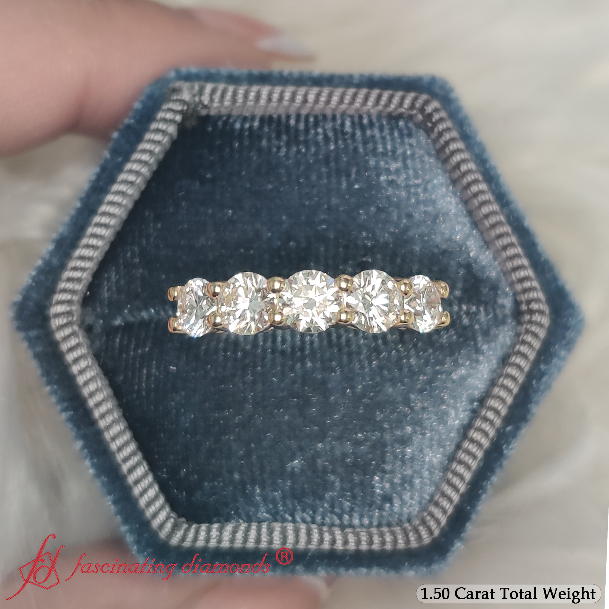 1.50 Carat Round Cut Five Stone Diamond Band with 14K Yellow Gold White Diamond